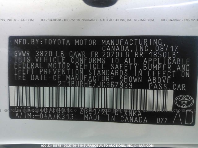2T1BURHE7JC967939 - 2018 TOYOTA COROLLA L/LE/XLE/SE/XSE WHITE photo 9