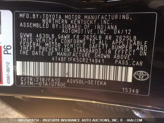 4T4BF1FK5CR214941 - 2012 TOYOTA CAMRY SE/LE/XLE Unknown photo 9