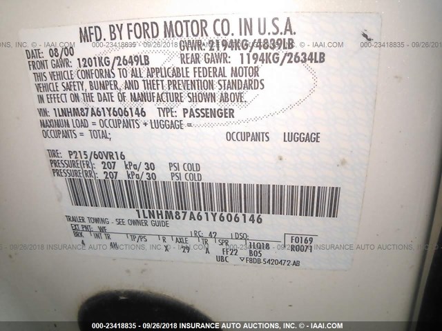 1LNHM87A61Y606146 - 2001 LINCOLN LS WHITE photo 9