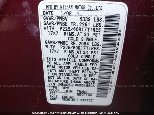 JN8AS58T88W016535 - 2008 NISSAN ROGUE S/SL RED photo 9