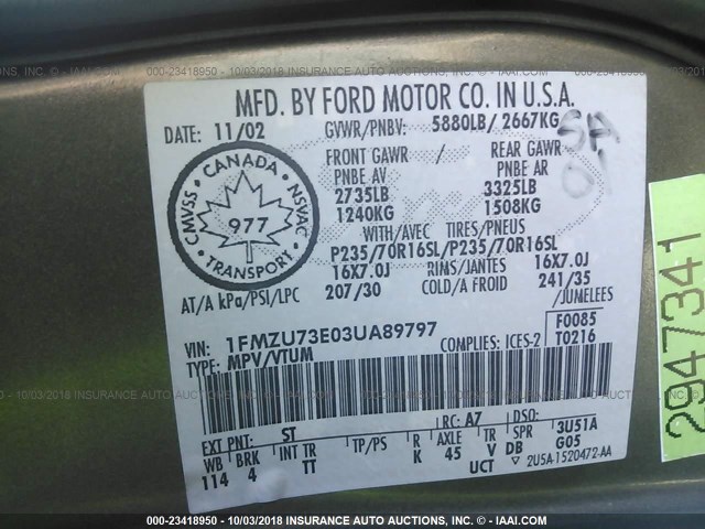 1FMZU73E03UA89797 - 2003 FORD EXPLORER XLT/XLT SPORT/NBX 绿色 照片 9