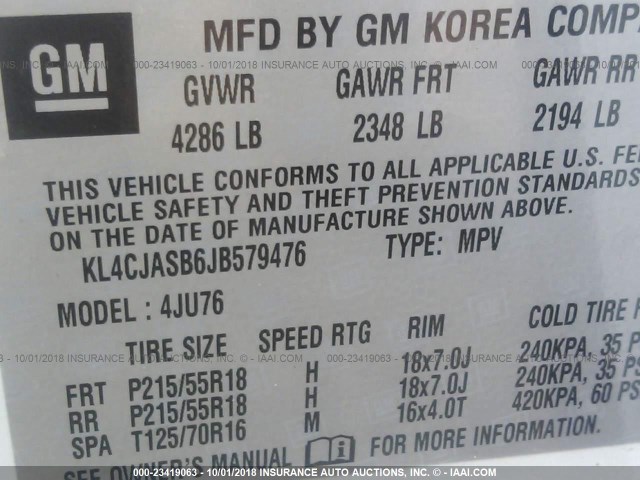 KL4CJASB6JB579476 - 2018 BUICK ENCORE PREFERRED Ақ фото 9