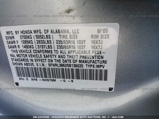 5FNRL38625B136020 - 2005 HONDA ODYSSEY EXL SILVER photo 9