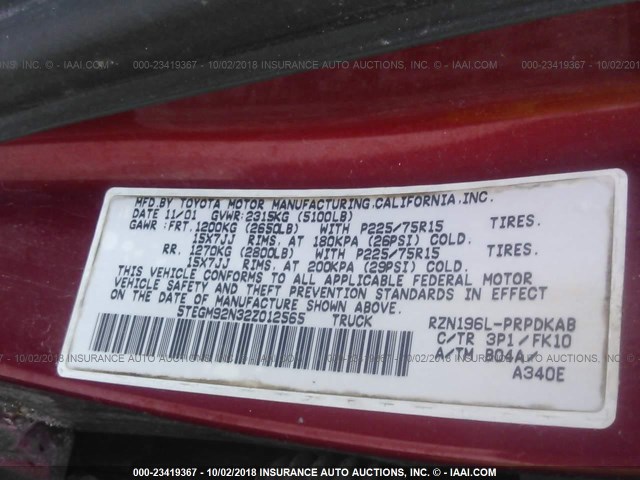 5TEGM92N32Z012565 - 2002 TOYOTA TACOMA DOUBLE CAB PRERUNNER RED photo 9