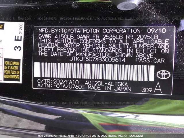 JTKJF5C7XB3005614 - 2011 TOYOTA SCION TC 黑色 照片 9