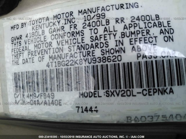 4T1BG22K8YU938620 - 2000 TOYOTA CAMRY CE/LE/XLE 黑色 照片 9