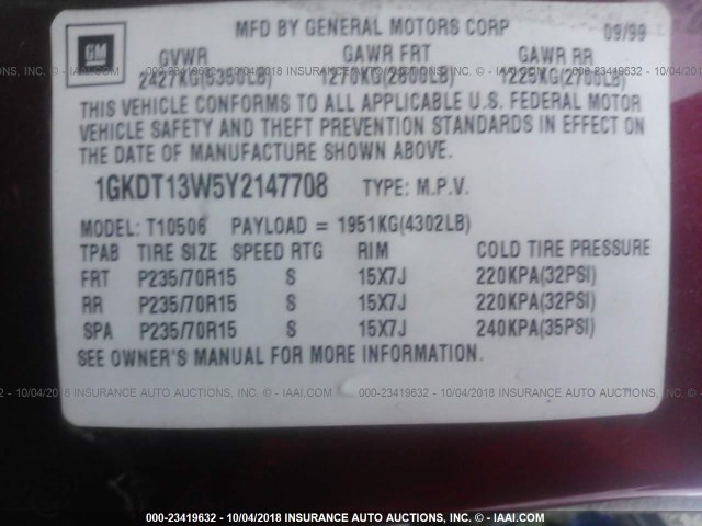 1GKDT13W5Y2147708 - 2000 GMC JIMMY / ENVOY  RED photo 9