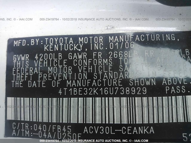 4T1BE32K16U738929 - 2006 TOYOTA CAMRY LE/XLE/SE WHITE photo 9