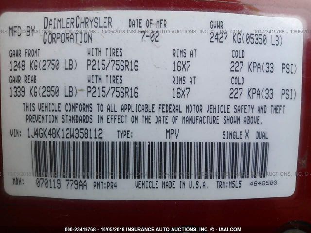 1J4GK48K12W358112 - 2002 JEEP LIBERTY SPORT წითელი ფოტო 9