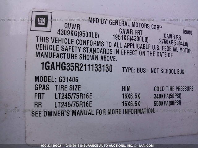 1GAHG35R211133130 - 2001 CHEVROLET EXPRESS G3500  WHITE photo 9