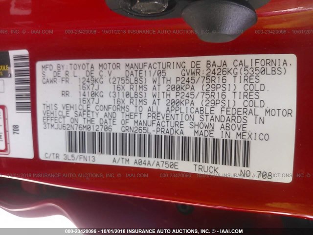 3TMJU62N76M012706 - 2006 TOYOTA TACOMA DOUBLE CAB PRERUNNER RED photo 9