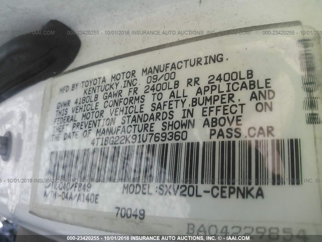 4T1BG22K91U769360 - 2001 TOYOTA CAMRY CE/LE/XLE 白色 照片 9