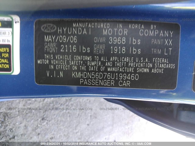 KMHDN56D76U199460 - 2006 HYUNDAI ELANTRA GLS/GT/LIMITED BLUE photo 9