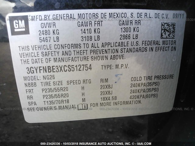 3GYFNBE3XCS512754 - 2012 CADILLAC SRX PERFORMANCE COLLECTION Қара фото 9