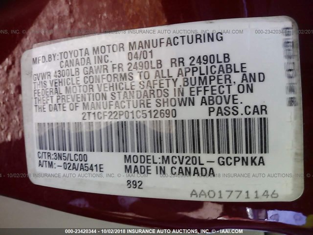 2T1CF22P01C512690 - 2001 TOYOTA CAMRY SOLARA SE/SLE Qırmızı foto 9