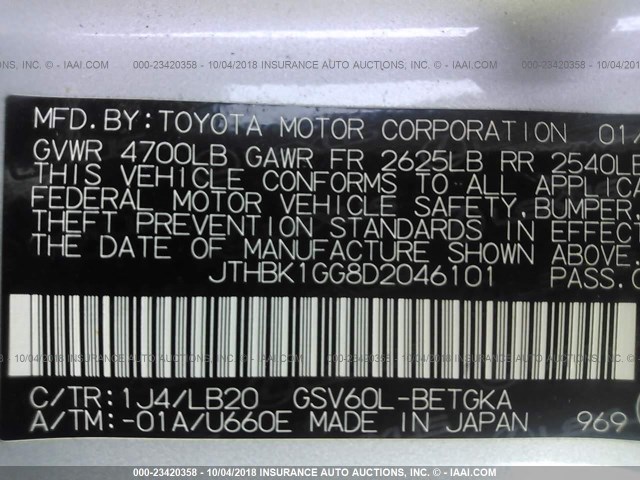 JTHBK1GG8D2046101 - 2013 LEXUS ES 350 SILVER photo 9