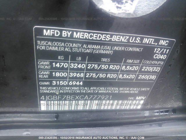 4JGBF7BEXCA777921 - 2012 MERCEDES-BENZ GL 450 4MATIC BLACK photo 9