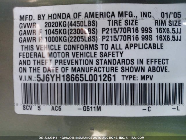 5J6YH18665L001261 - 2005 HONDA ELEMENT EX GREEN photo 9