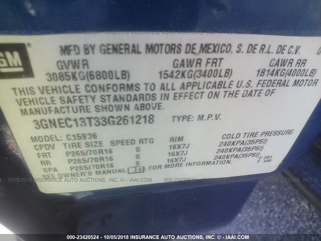 3GNEC13T33G261218 - 2003 CHEVROLET AVALANCHE C1500 BLUE photo 9