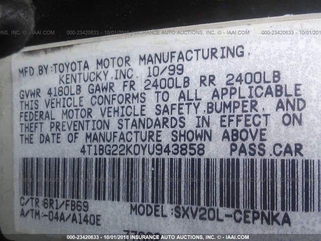 4T1BG22K0YU943858 - 2000 TOYOTA CAMRY CE/LE/XLE 绿色 照片 9