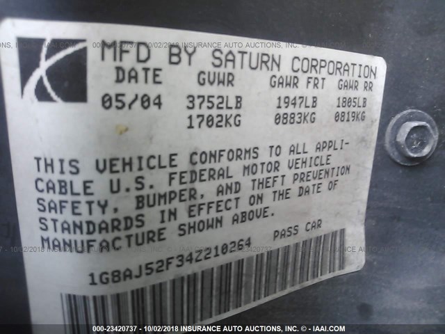 1G8AJ52F34Z210264 - 2004 SATURN ION LEVEL 2 灰色 照片 9