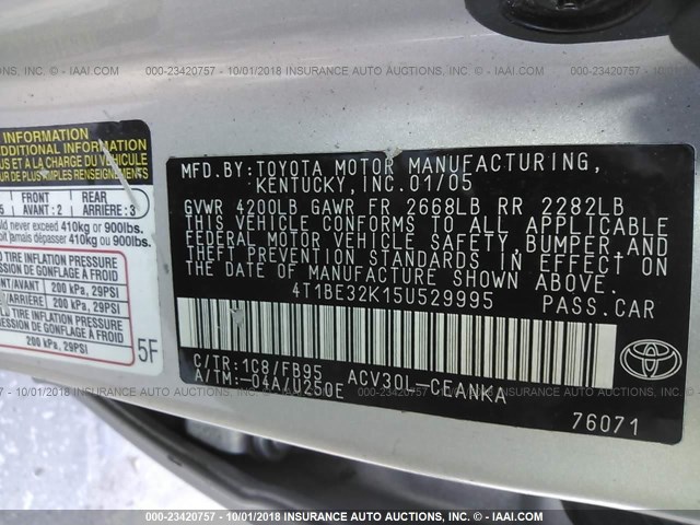 4T1BE32K15U529995 - 2005 TOYOTA CAMRY LE/XLE/SE Boz foto 9