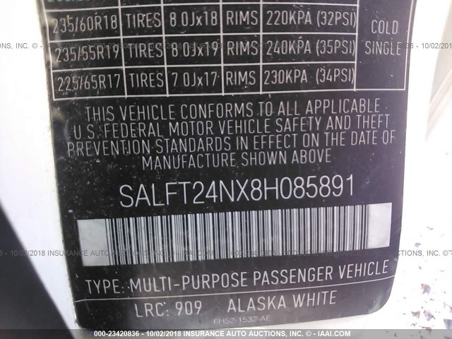 SALFT24NX8H085891 - 2008 LAND ROVER LR2 HSE TECHNOLOGY WHITE photo 9