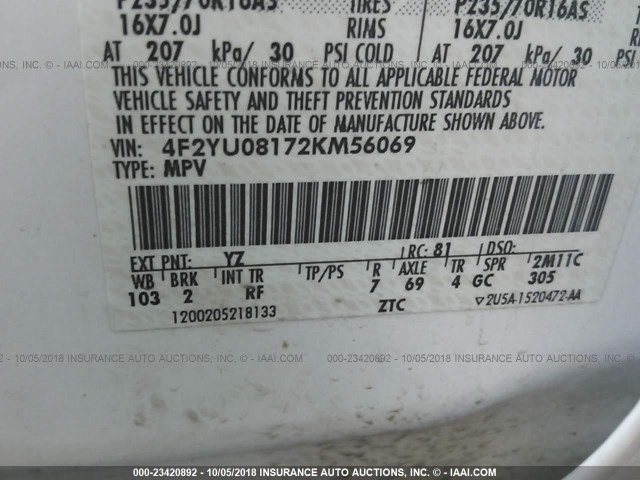 4F2YU08172KM56069 - 2002 MAZDA TRIBUTE LX/ES 白色 照片 9