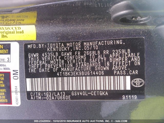 4T1BK3EK9BU614406 - 2011 TOYOTA CAMRY SE/LE/XLE ნაცრისფერი ფოტო 9