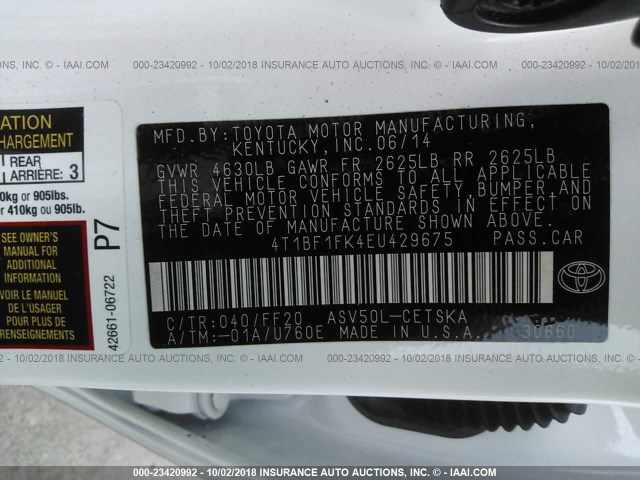 4T1BF1FK4EU429675 - 2014 TOYOTA CAMRY L/SE/LE/XLE Ağ foto 9