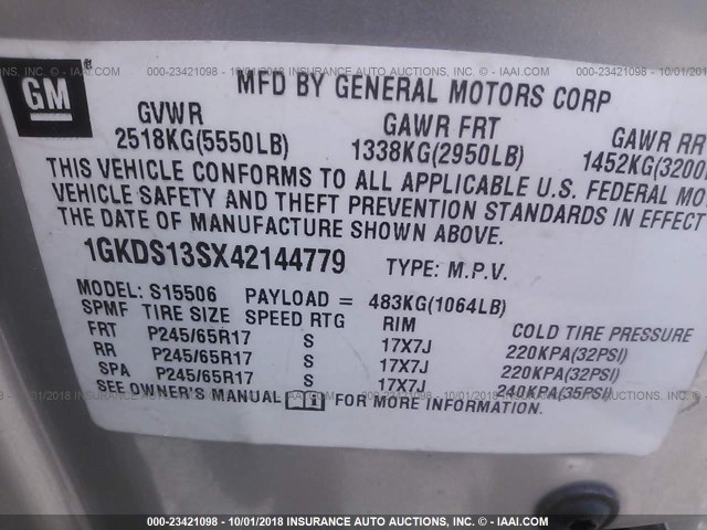 1GKDS13SX42144779 - 2004 GMC ENVOY SILVER photo 9