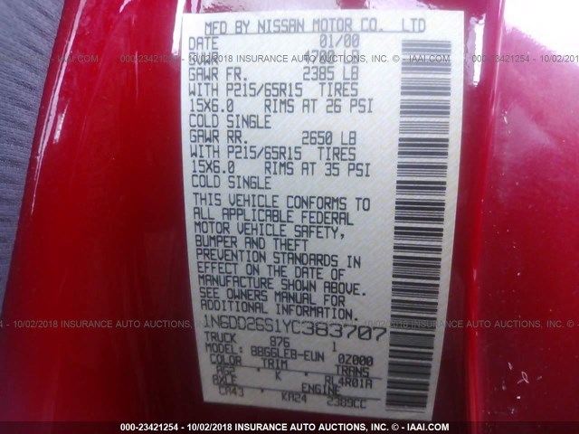 1N6DD26S1YC383707 - 2000 NISSAN FRONTIER KING CAB XE RED photo 9