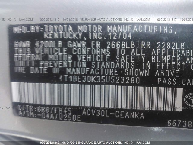 4T1BE30K35U523280 - 2005 TOYOTA CAMRY LE/XLE/SE 灰色 照片 9