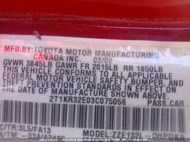 2T1KR32E03C075056 - 2003 TOYOTA COROLLA MATRIX XR RED photo 9