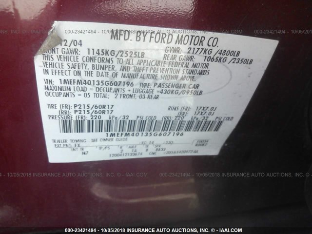 1MEFM40135G607196 - 2005 MERCURY MONTEGO LUXURY RED photo 9