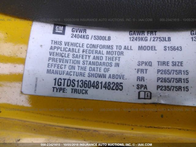 1GTDS136048148285 - 2004 GMC CANYON YELLOW photo 9