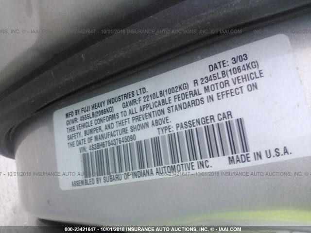 4S3BH675437645090 - 2003 SUBARU LEGACY OUTBACK AWP SILVER photo 9