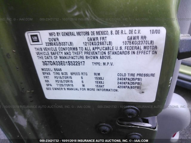 3G7DA03E01S522917 - 2001 PONTIAC AZTEK GREEN photo 9