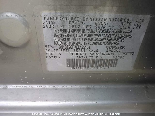 3N1CE2CP7EL425151 - 2014 NISSAN VERSA NOTE S/S PLUS/SV/SL GRAY photo 9