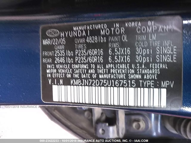 KM8JN72D75U167515 - 2005 HYUNDAI TUCSON GLS/LX BLUE photo 9