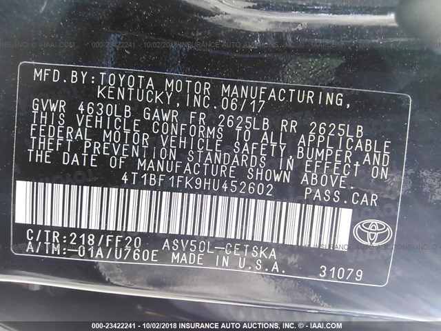 4T1BF1FK9HU452602 - 2017 TOYOTA CAMRY LE/XLE/SE/XSE 黑色 照片 9