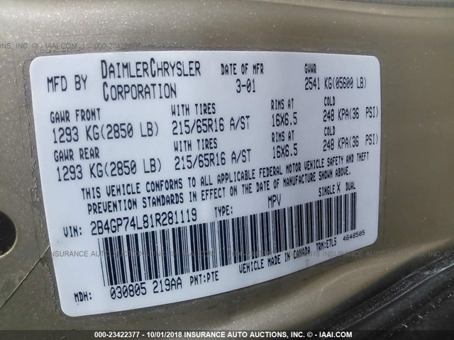 2B4GP74L81R281119 - 2001 DODGE GRAND CARAVAN EX GOLD photo 9