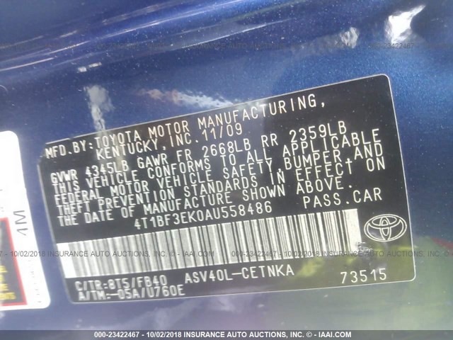 4T1BF3EK0AU558486 - 2010 TOYOTA CAMRY SE/LE/XLE 蓝色 照片 9