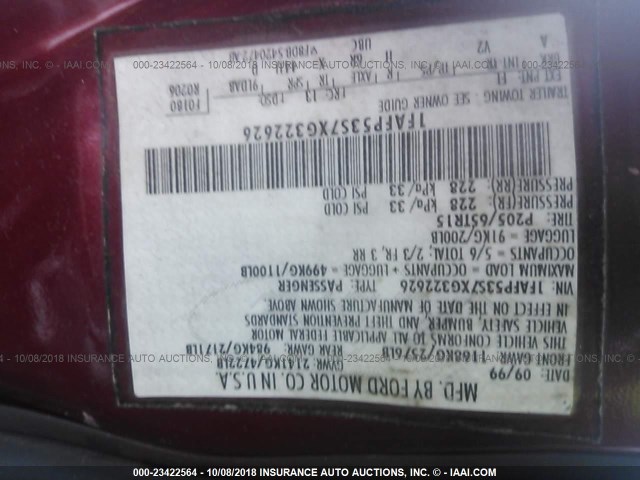 1FAFP53S7XG322626 - 1999 FORD TAURUS SE/COMFORT/SPORT MAROON photo 9