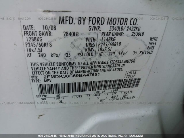 2FMDK38C69BA47651 - 2009 FORD EDGE SEL WHITE photo 9