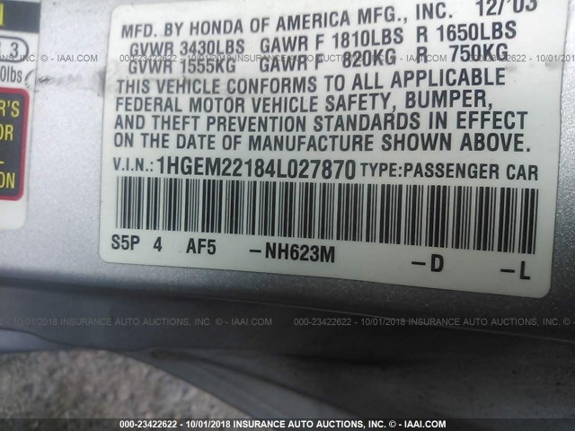 1HGEM22184L027870 - 2004 HONDA CIVIC DX VP 银色 照片 9