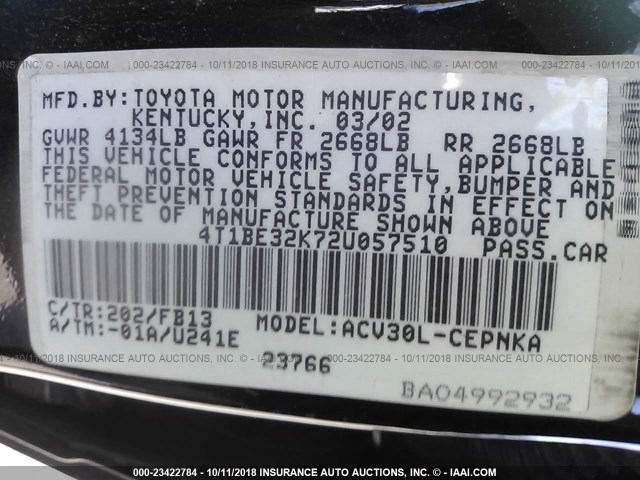 4T1BE32K72U057510 - 2002 TOYOTA CAMRY LE/XLE/SE BLACK photo 9