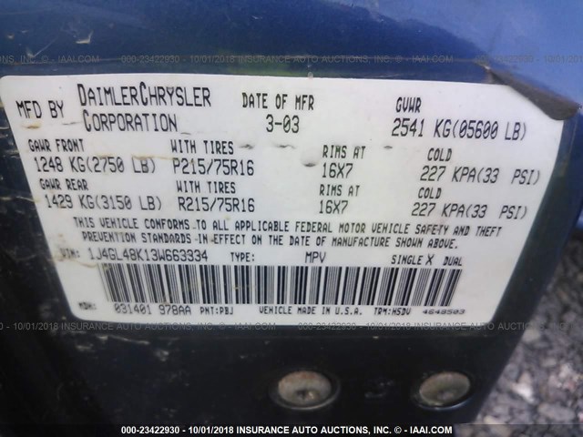 1J4GL48K13W663334 - 2003 JEEP LIBERTY SPORT/FREEDOM ლურჯი ფოტო 9