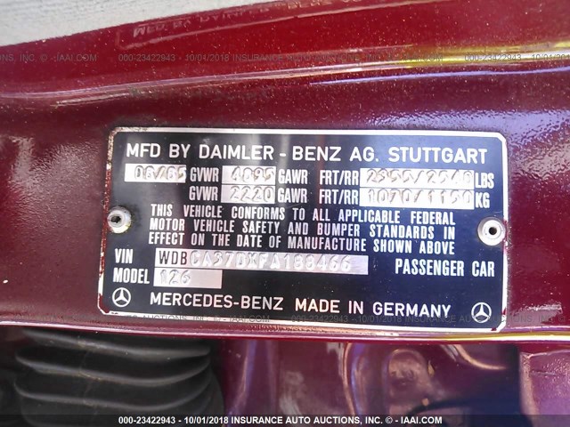 WDBCA37DXFA188466 - 1985 MERCEDES-BENZ 500 SEL RED photo 9