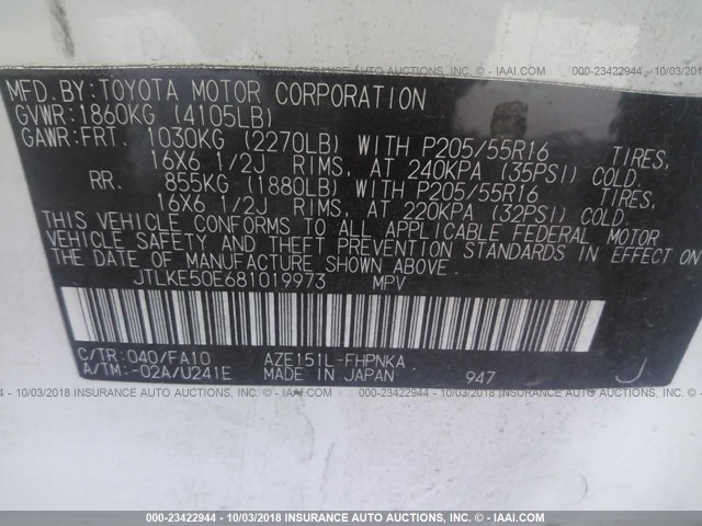 JTLKE50E681019973 - 2008 TOYOTA SCION XB Ağ foto 9